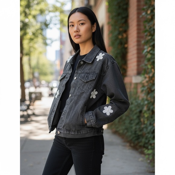 Black Denim Jacket with White Daisy and bead Accents, by Blue Velvet size medium - Picture 6 of 13